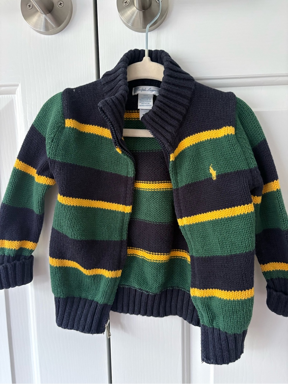 Ralph Lauren Green Navy Yellow Striped Knit Sweater Jacket